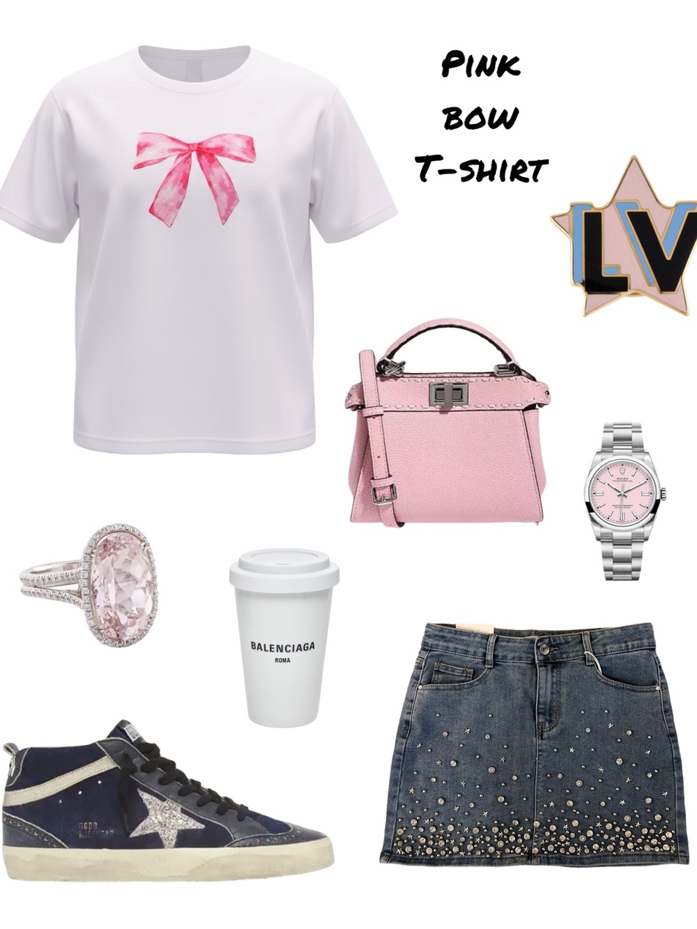 Cream/White Pink Bow Print T‑Shirt